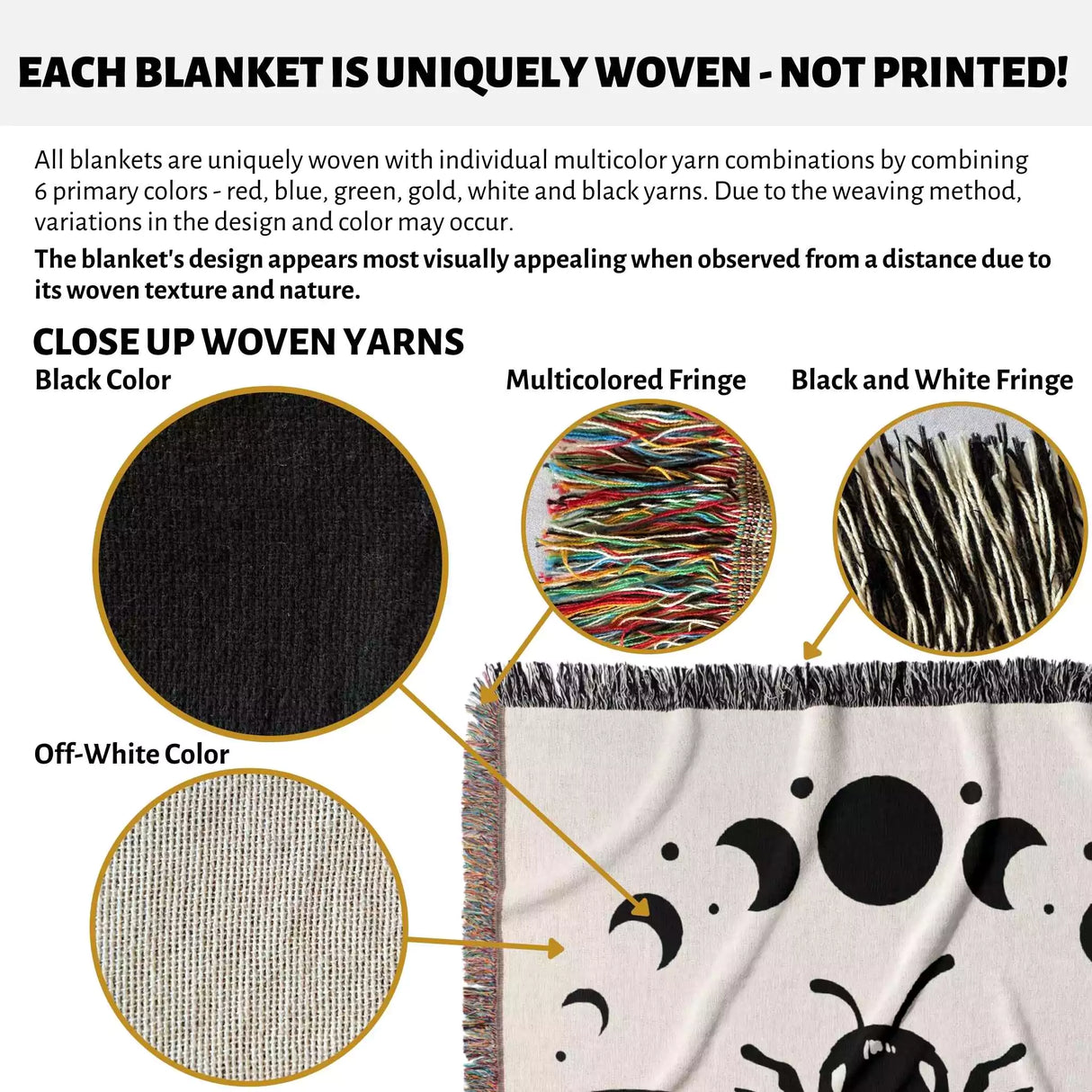 Celestial Bee with Moon Phases Woven Throw Blanket - DesignerOllie.com