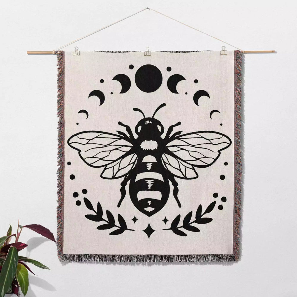 Celestial Bee with Moon Phases Woven Throw Blanket - DesignerOllie.com
