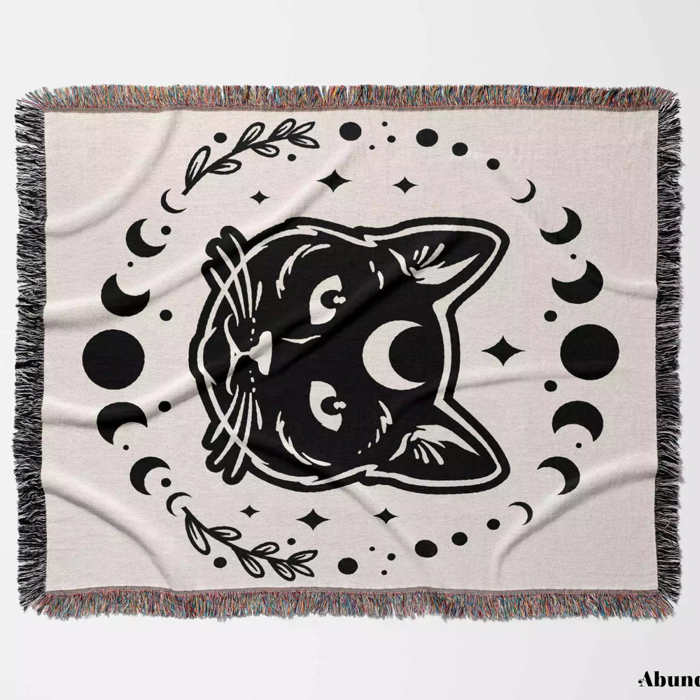Celestial Cat with Moon Phases Woven Throw Blanket - DesignerOllie.com