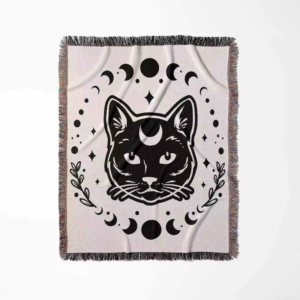 Celestial Cat with Moon Phases Woven Throw Blanket - DesignerOllie.com