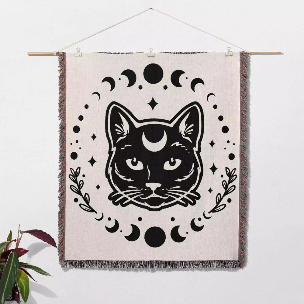 Celestial Cat with Moon Phases Woven Throw Blanket - DesignerOllie.com