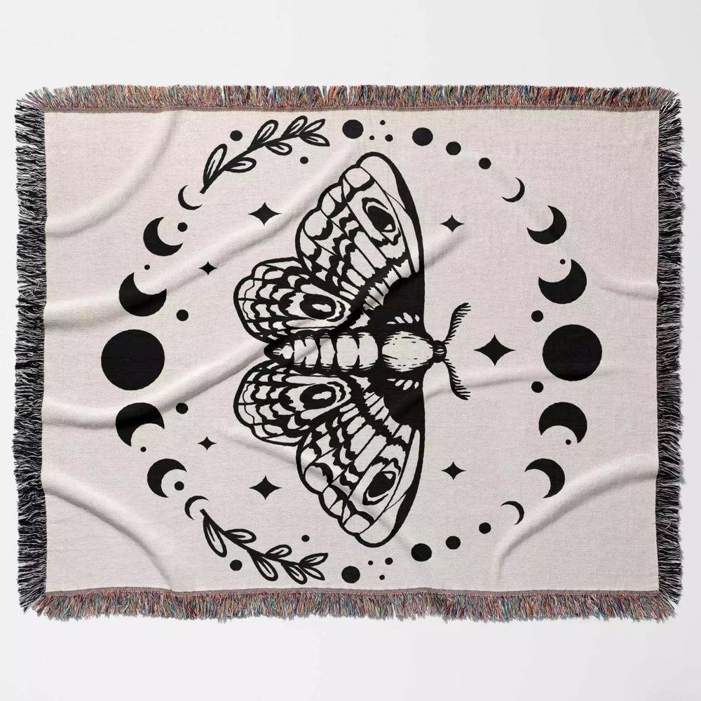 Celestial Moth with Moon Phases Woven Throw Blanket - DesignerOllie.com