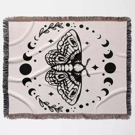 Celestial Moth with Moon Phases Woven Throw Blanket - DesignerOllie.com