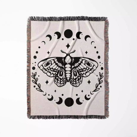 Celestial Moth with Moon Phases Woven Throw Blanket - DesignerOllie.com