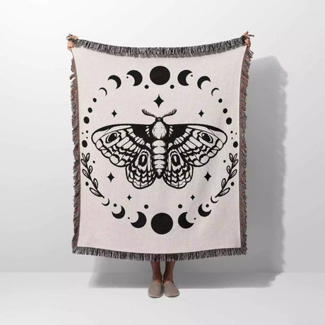 Celestial Moth with Moon Phases Woven Throw Blanket - DesignerOllie.com