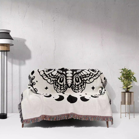 Celestial Moth with Moon Phases Woven Throw Blanket - DesignerOllie.com