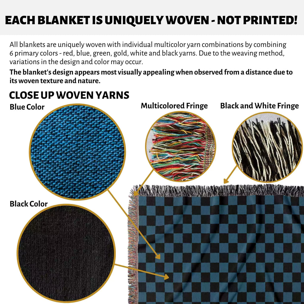 Checkered Black and Blue Woven Throw Blanket and Tapestry - DesignerOllie.com