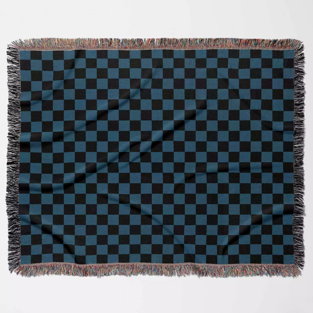 Checkered Black and Blue Woven Throw Blanket and Tapestry - DesignerOllie.com
