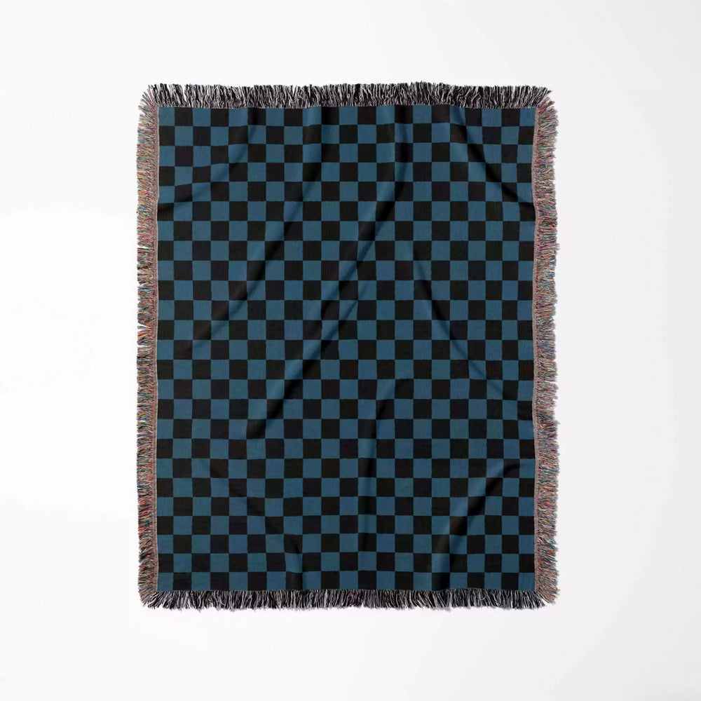 Checkered Black and Blue Woven Throw Blanket and Tapestry - DesignerOllie.com