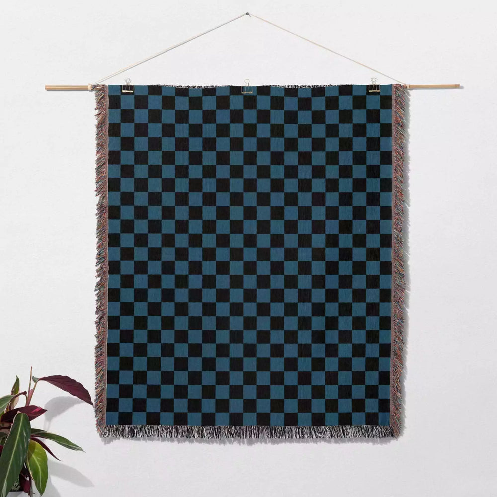 Checkered Black and Blue Woven Throw Blanket and Tapestry - DesignerOllie.com