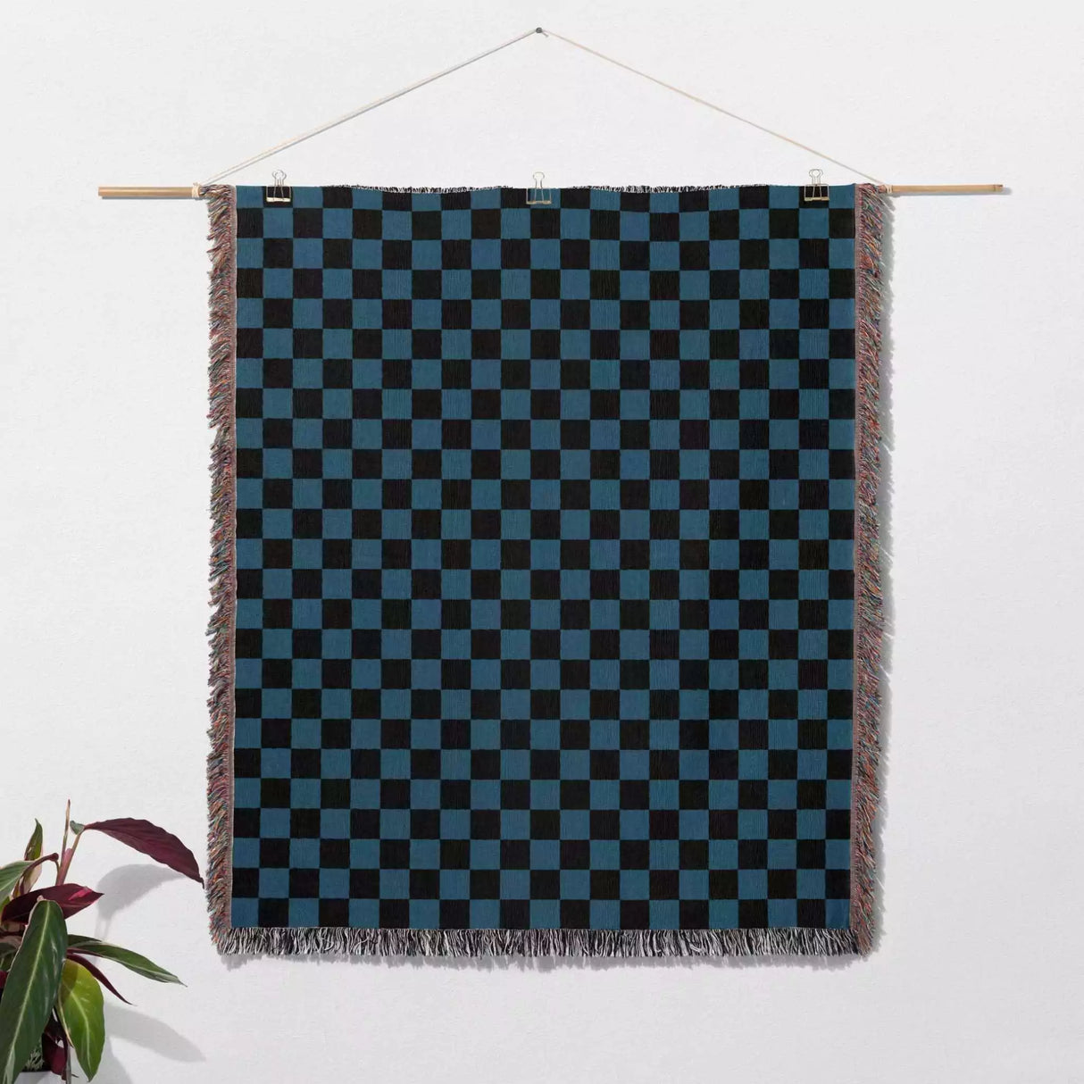 Checkered Black and Blue Woven Throw Blanket and Tapestry - DesignerOllie.com