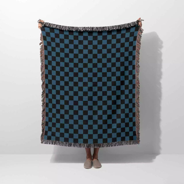Checkered Black and Blue Woven Throw Blanket and Tapestry - DesignerOllie.com