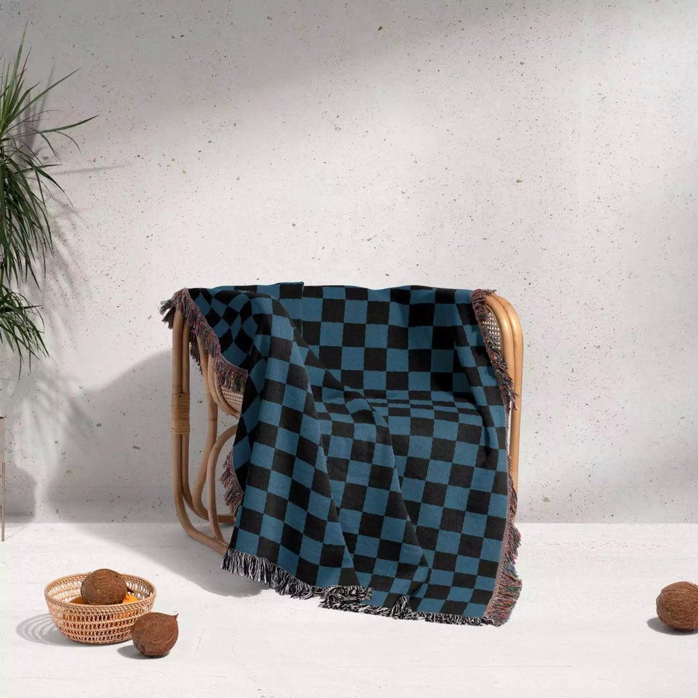 Checkered Black and Blue Woven Throw Blanket and Tapestry - DesignerOllie.com
