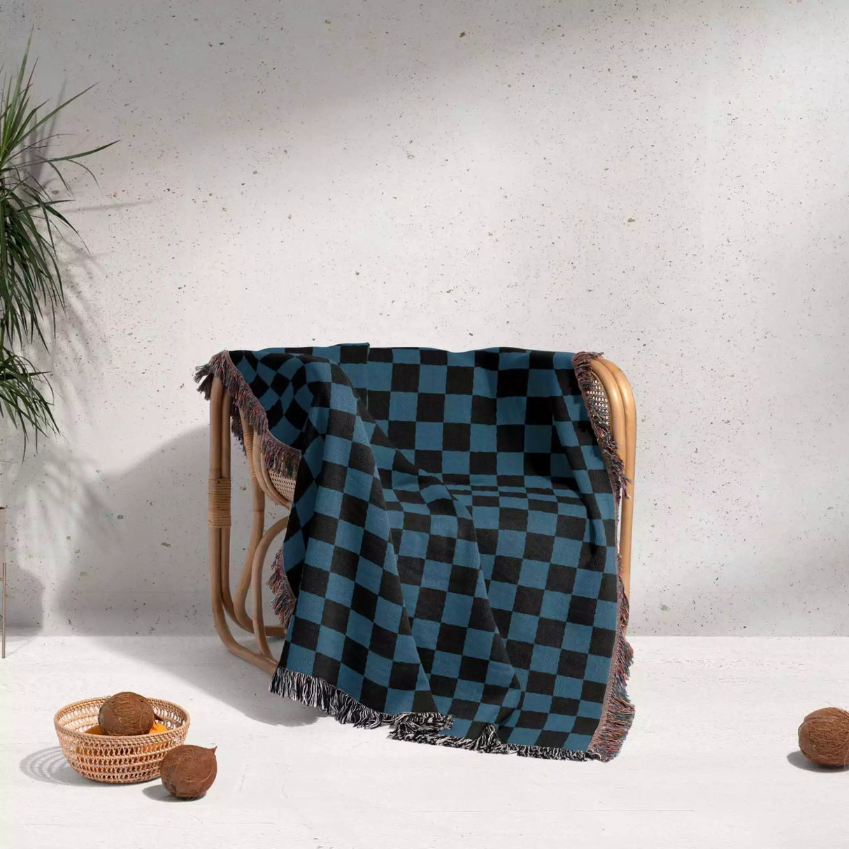 Checkered Black and Blue Woven Throw Blanket and Tapestry - DesignerOllie.com