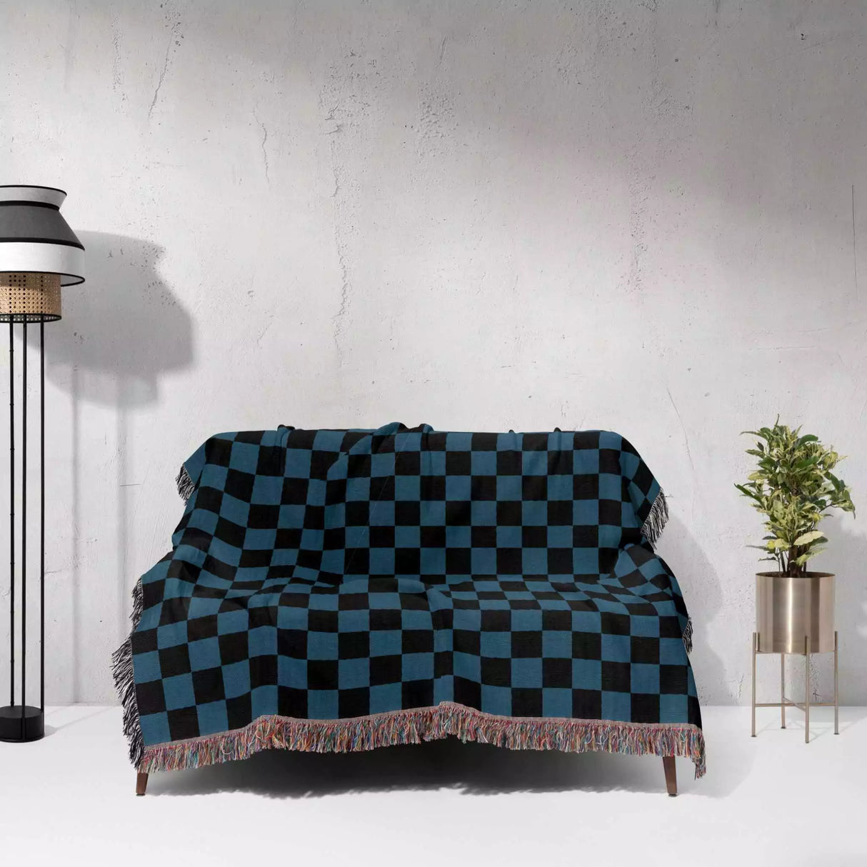 Checkered Black and Blue Woven Throw Blanket and Tapestry - DesignerOllie.com
