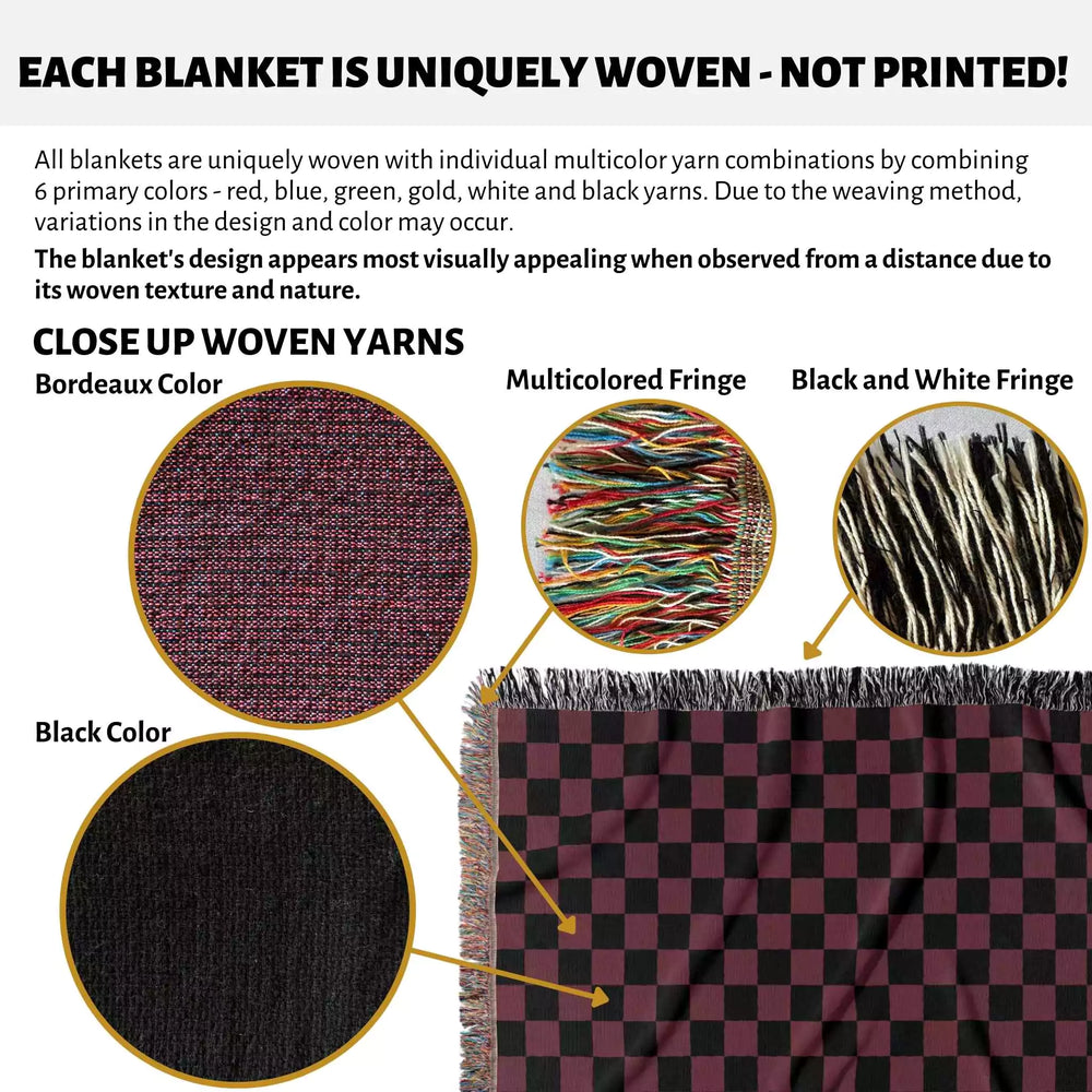 Checkered Black and Bordeaux Woven Throw Blanket and Tapestry - DesignerOllie.com