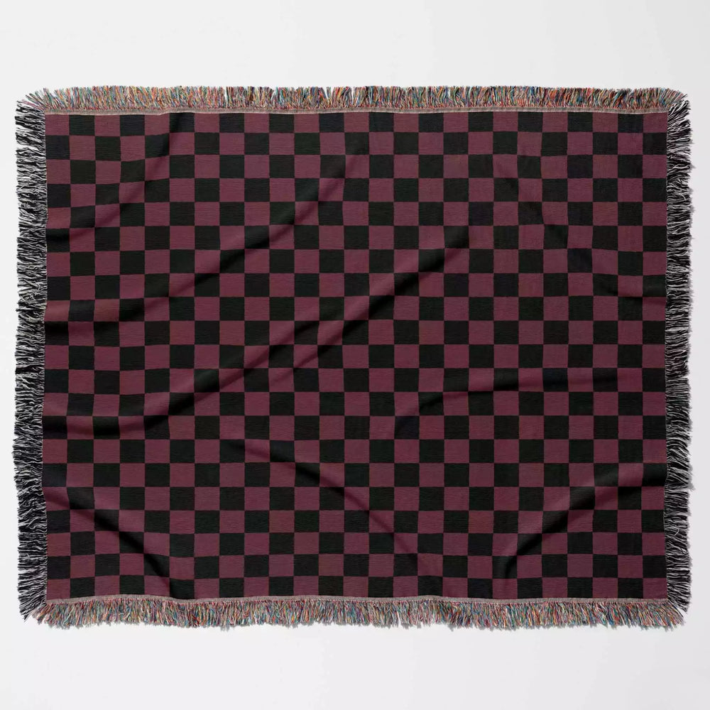 Checkered Black and Bordeaux Woven Throw Blanket and Tapestry - DesignerOllie.com