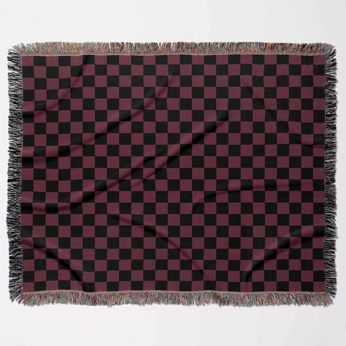 Checkered Black and Bordeaux Woven Throw Blanket and Tapestry - DesignerOllie.com