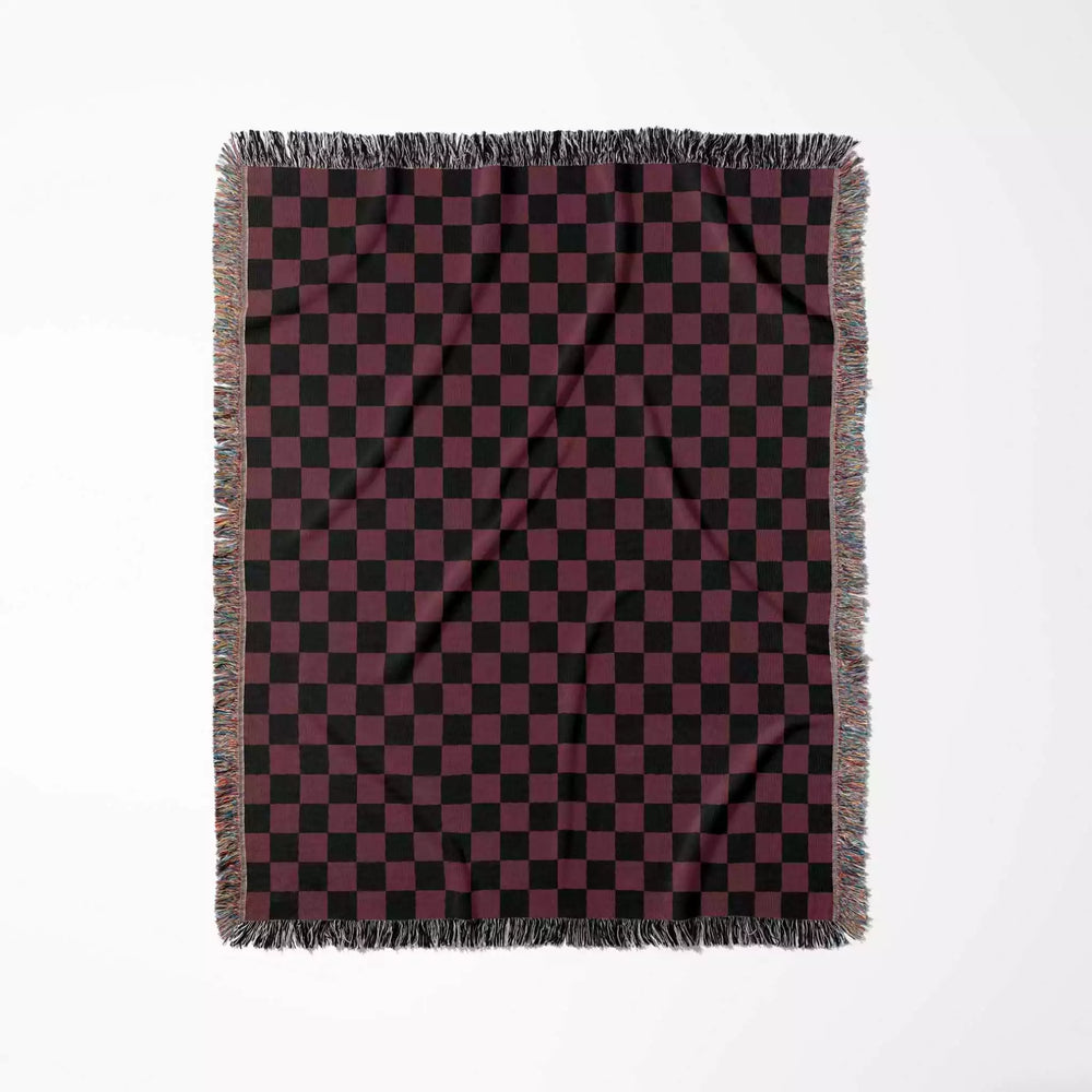 Checkered Black and Bordeaux Woven Throw Blanket and Tapestry - DesignerOllie.com