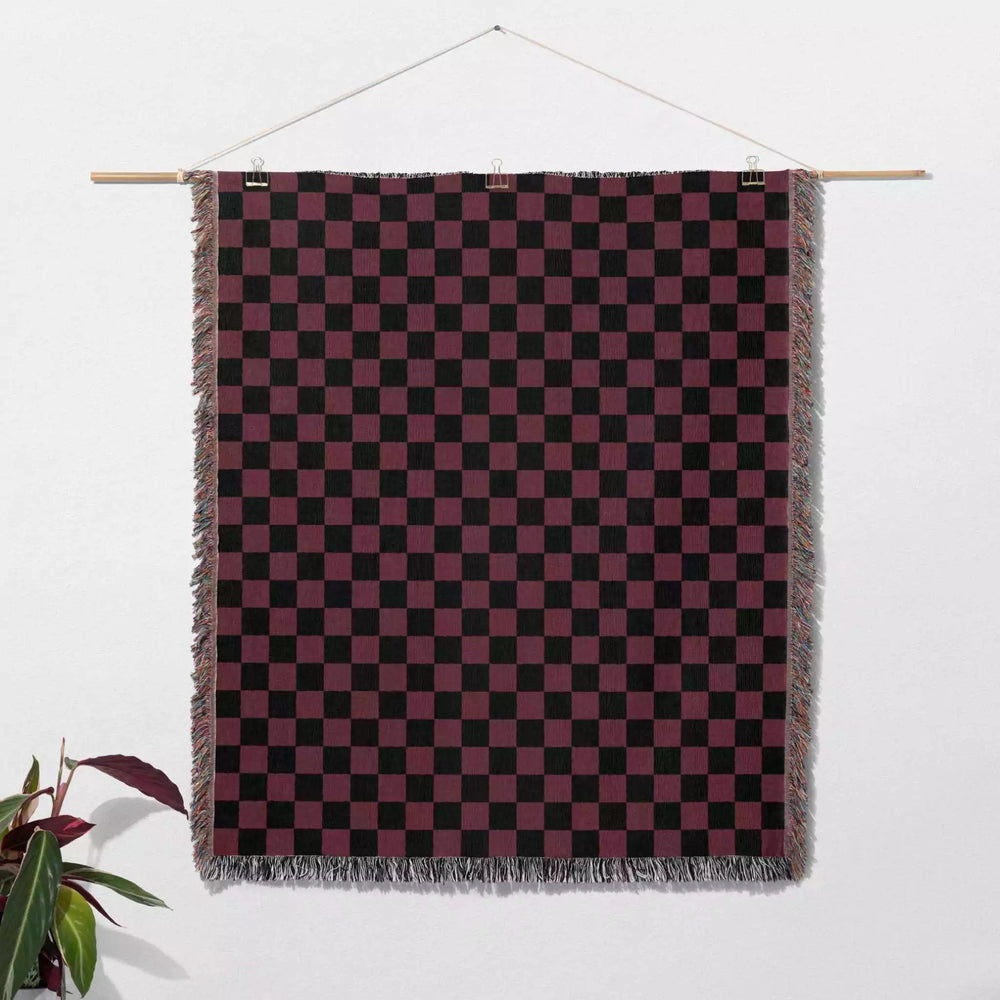 Checkered Black and Bordeaux Woven Throw Blanket and Tapestry - DesignerOllie.com