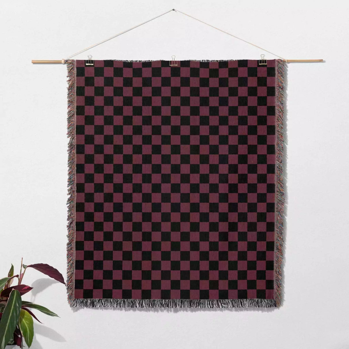 Checkered Black and Bordeaux Woven Throw Blanket and Tapestry - DesignerOllie.com
