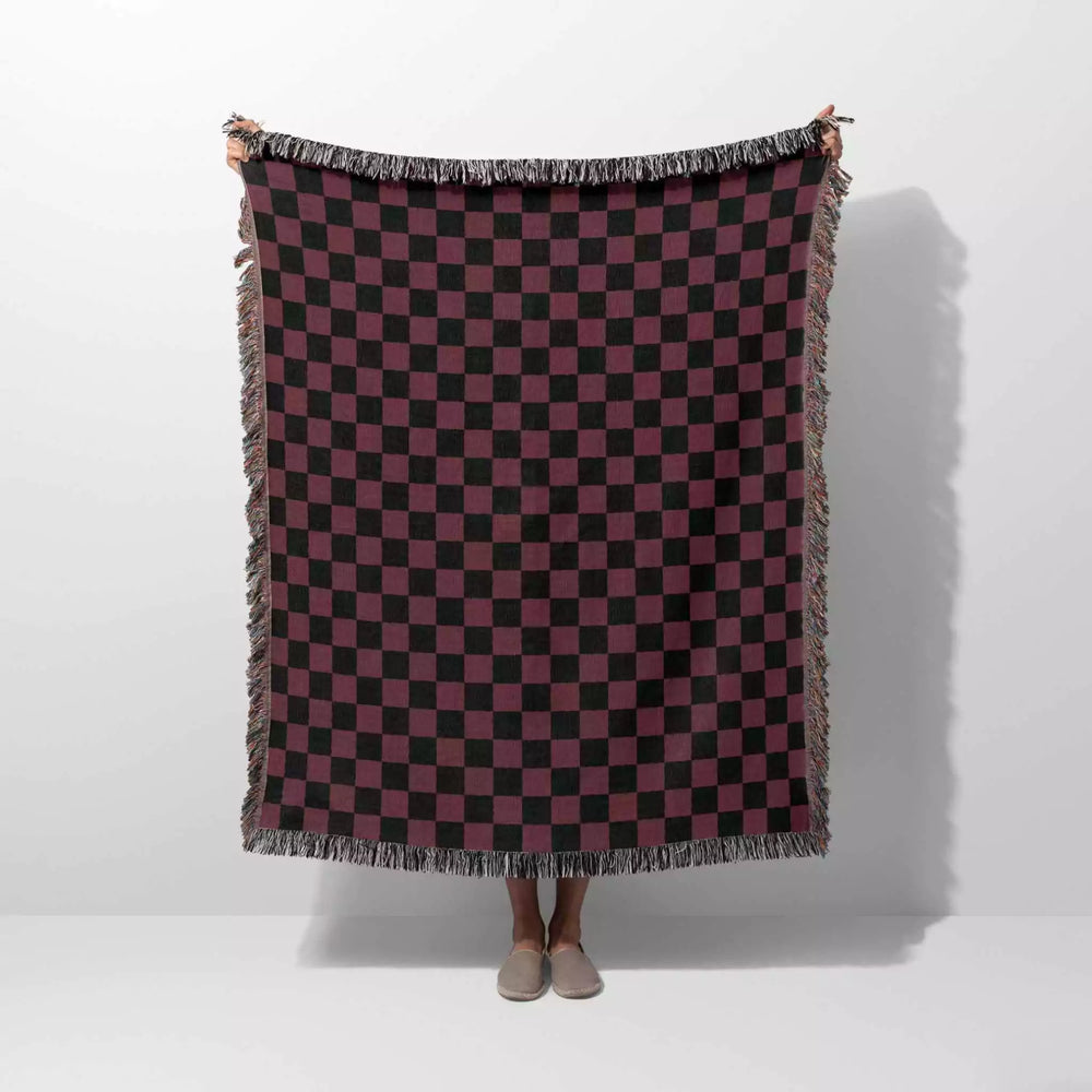 Checkered Black and Bordeaux Woven Throw Blanket and Tapestry - DesignerOllie.com