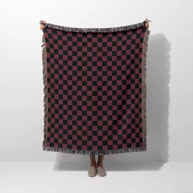 Checkered Black and Bordeaux Woven Throw Blanket and Tapestry - DesignerOllie.com