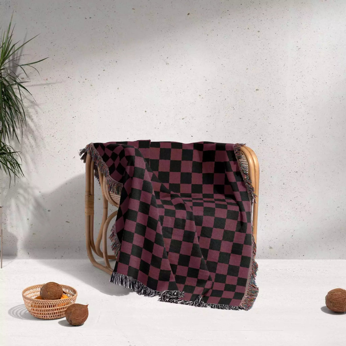 Checkered Black and Bordeaux Woven Throw Blanket and Tapestry - DesignerOllie.com