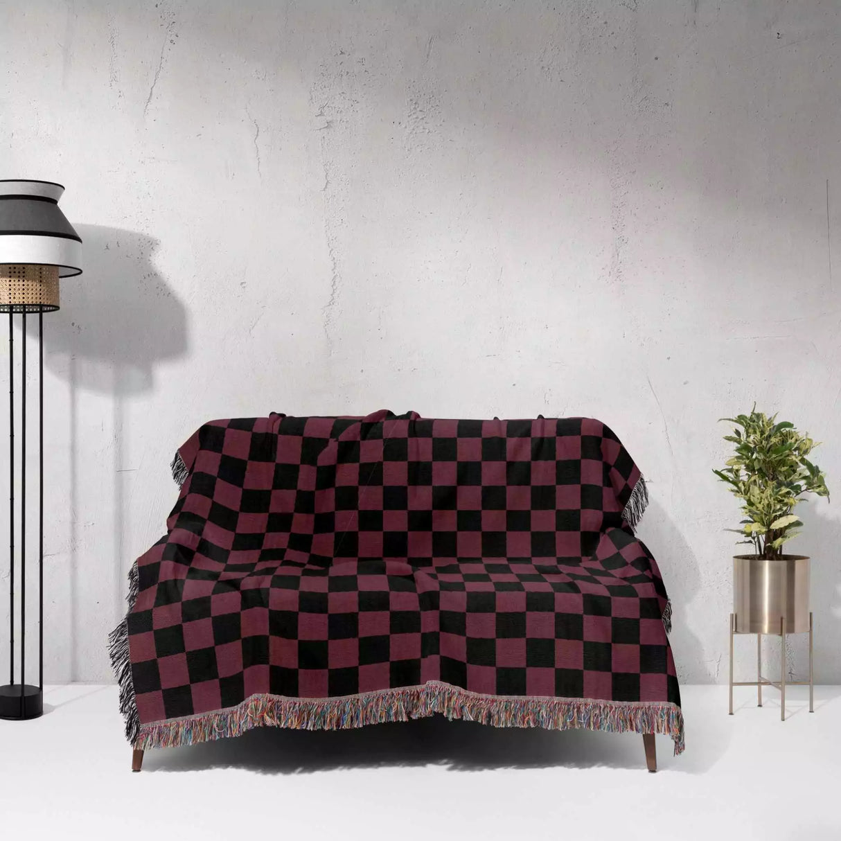 Checkered Black and Bordeaux Woven Throw Blanket and Tapestry - DesignerOllie.com