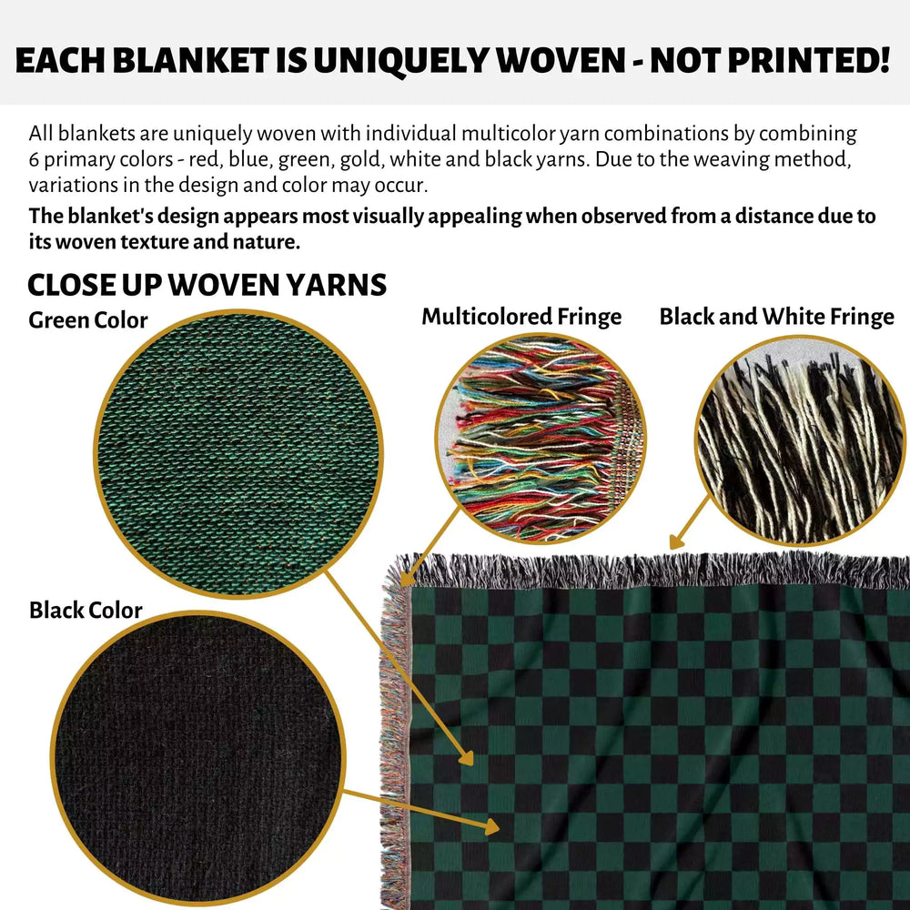 Checkered Black and Forest Green Woven Throw Blanket and Tapestry - DesignerOllie.com