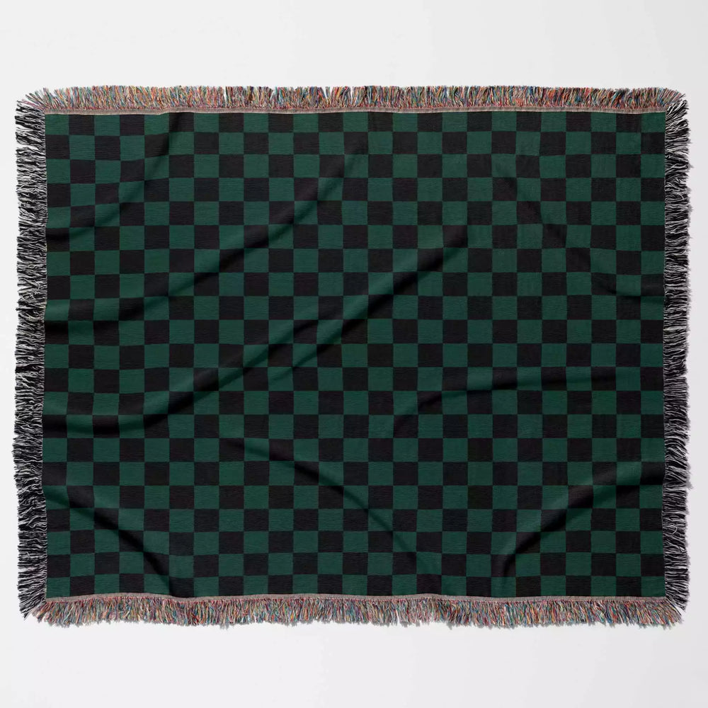 Checkered Black and Forest Green Woven Throw Blanket and Tapestry - DesignerOllie.com