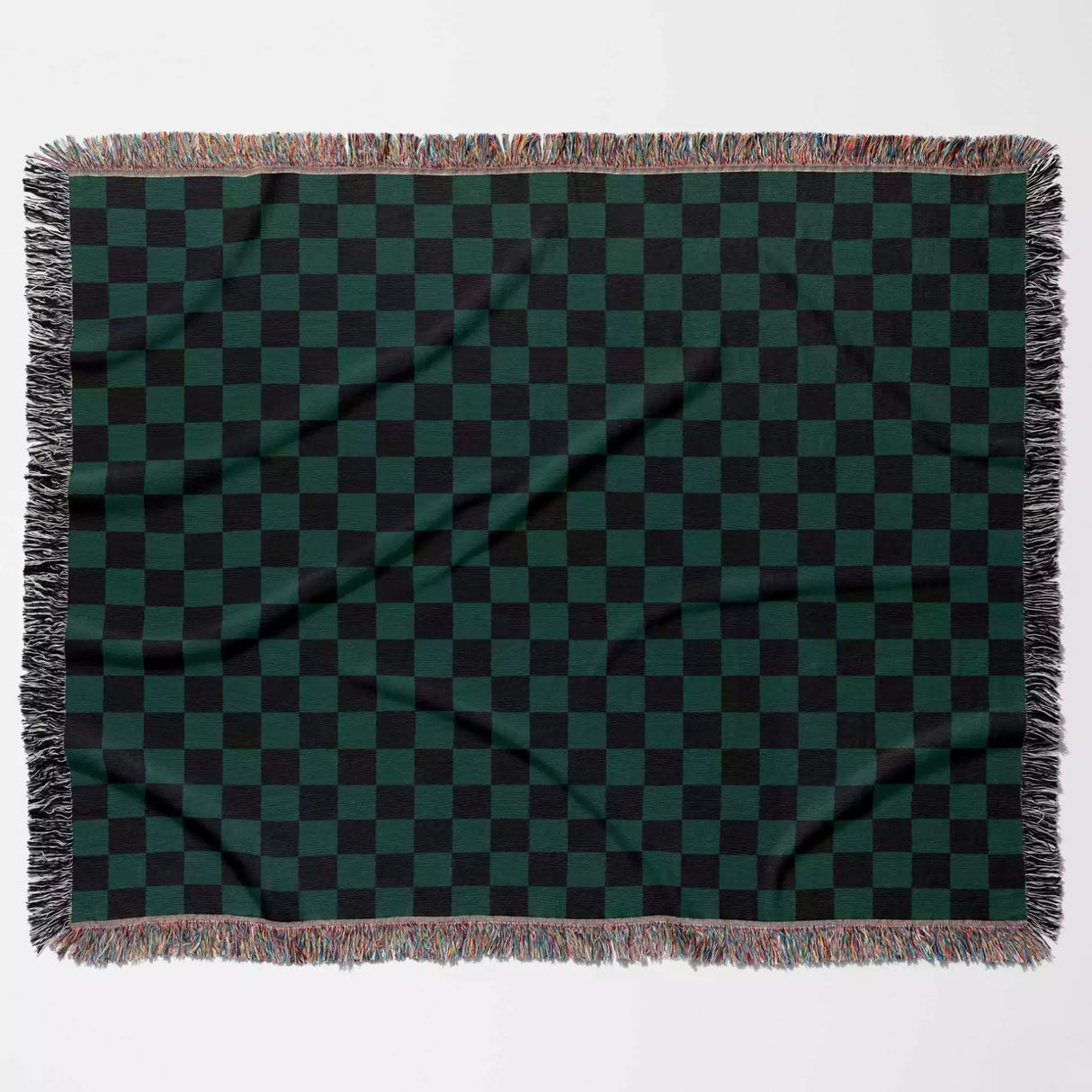 Checkered Black and Forest Green Woven Throw Blanket and Tapestry - DesignerOllie.com