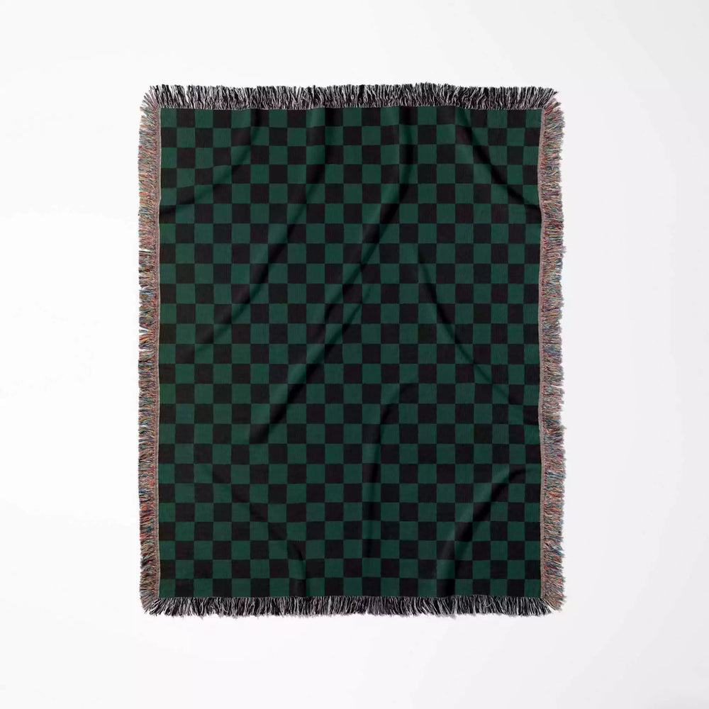 Checkered Black and Forest Green Woven Throw Blanket and Tapestry - DesignerOllie.com
