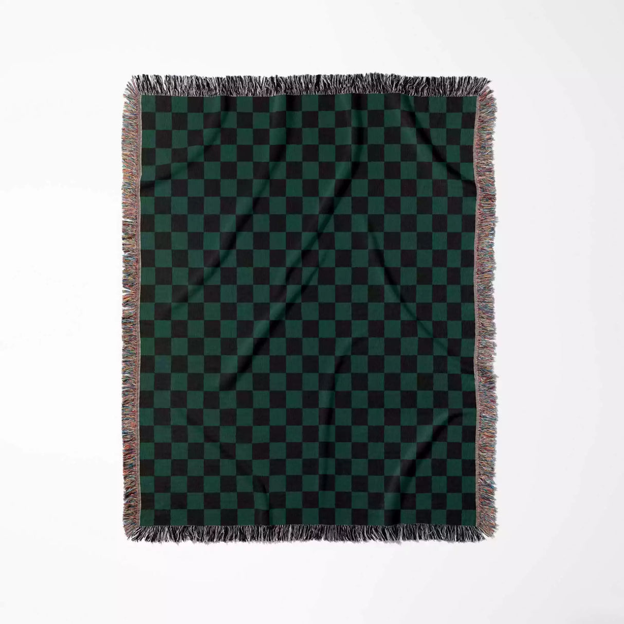Checkered Black and Forest Green Woven Throw Blanket and Tapestry - DesignerOllie.com