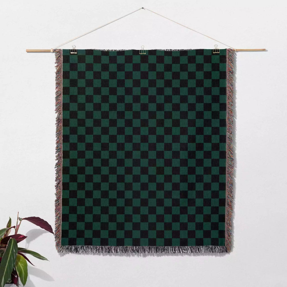 Checkered Black and Forest Green Woven Throw Blanket and Tapestry - DesignerOllie.com