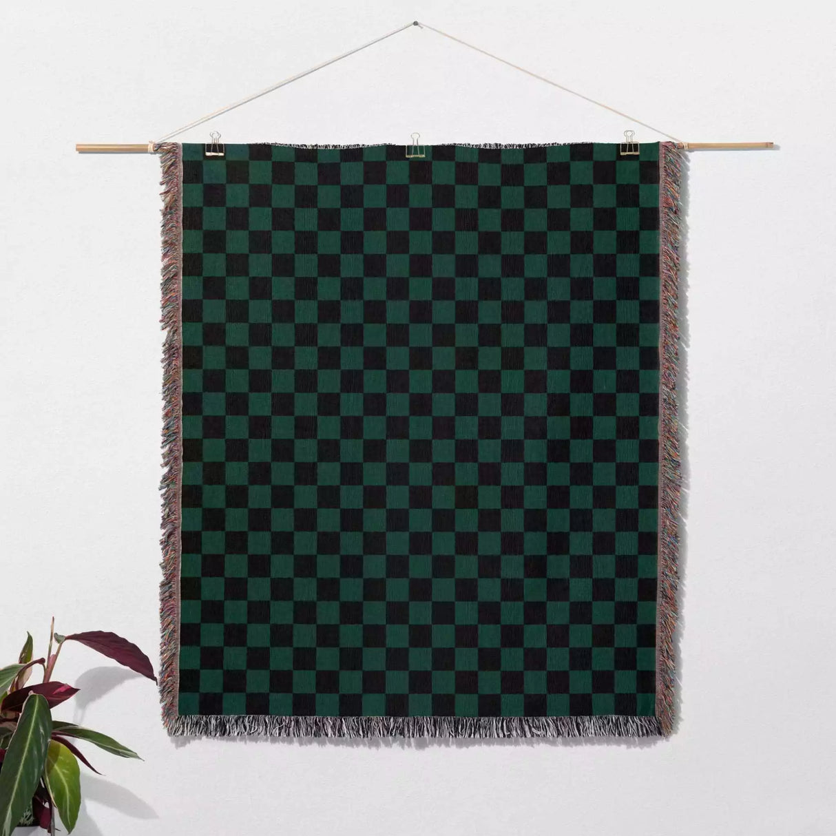 Checkered Black and Forest Green Woven Throw Blanket and Tapestry - DesignerOllie.com