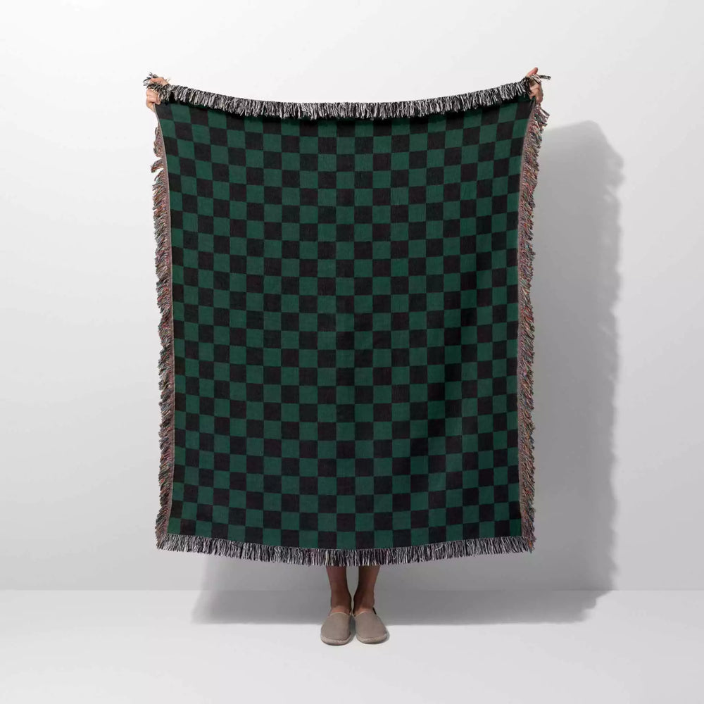 Checkered Black and Forest Green Woven Throw Blanket and Tapestry - DesignerOllie.com