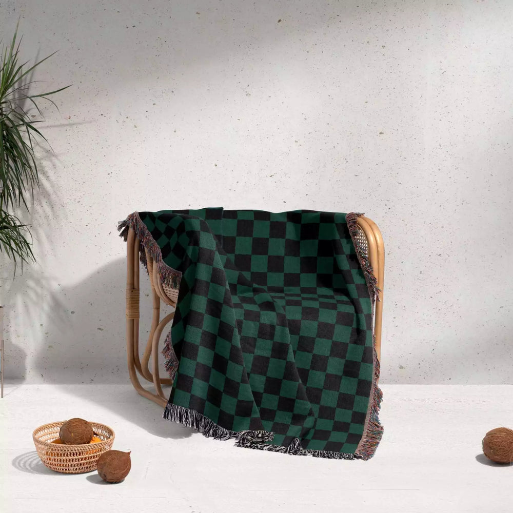 Checkered Black and Forest Green Woven Throw Blanket and Tapestry - DesignerOllie.com