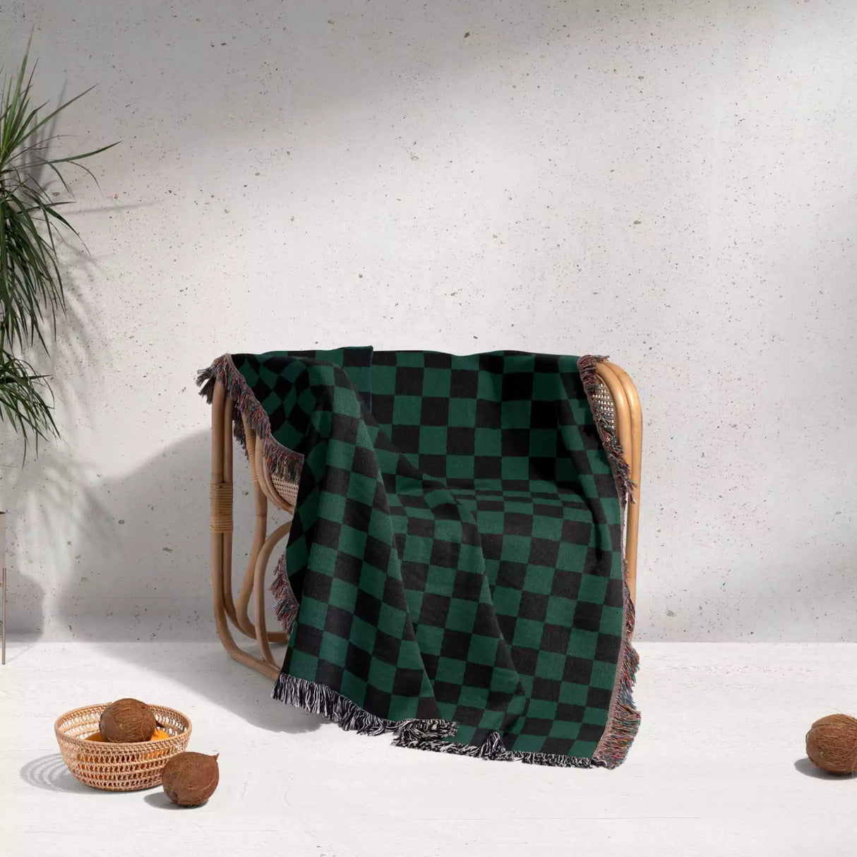Checkered Black and Forest Green Woven Throw Blanket and Tapestry - DesignerOllie.com