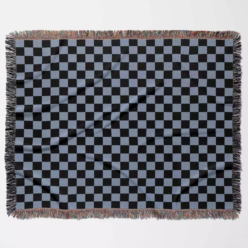 Checkered Black and Light Blue Woven Throw Blanket and Tapestry - DesignerOllie.com