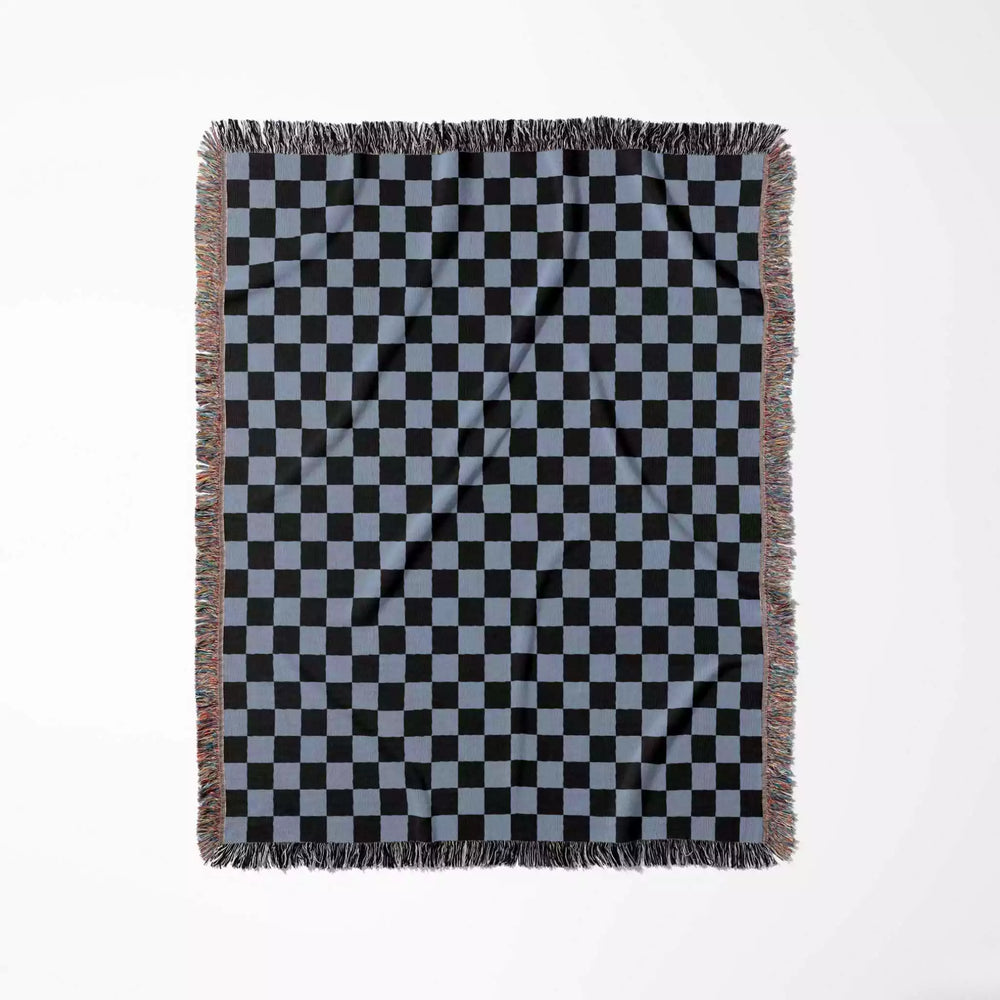 Checkered Black and Light Blue Woven Throw Blanket and Tapestry - DesignerOllie.com