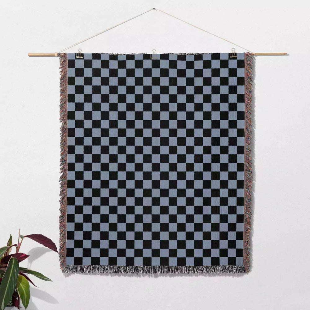 Checkered Black and Light Blue Woven Throw Blanket and Tapestry - DesignerOllie.com