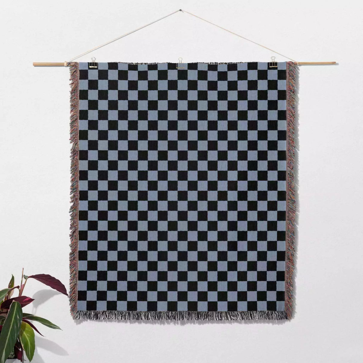 Checkered Black and Light Blue Woven Throw Blanket and Tapestry - DesignerOllie.com