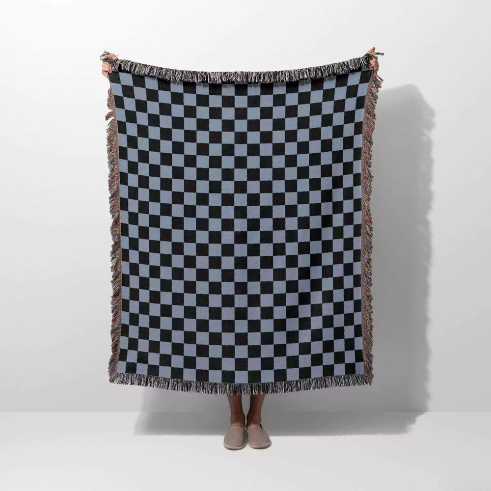 Checkered Black and Light Blue Woven Throw Blanket and Tapestry - DesignerOllie.com
