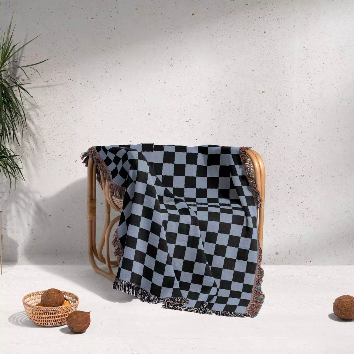 Checkered Black and Light Blue Woven Throw Blanket and Tapestry - DesignerOllie.com