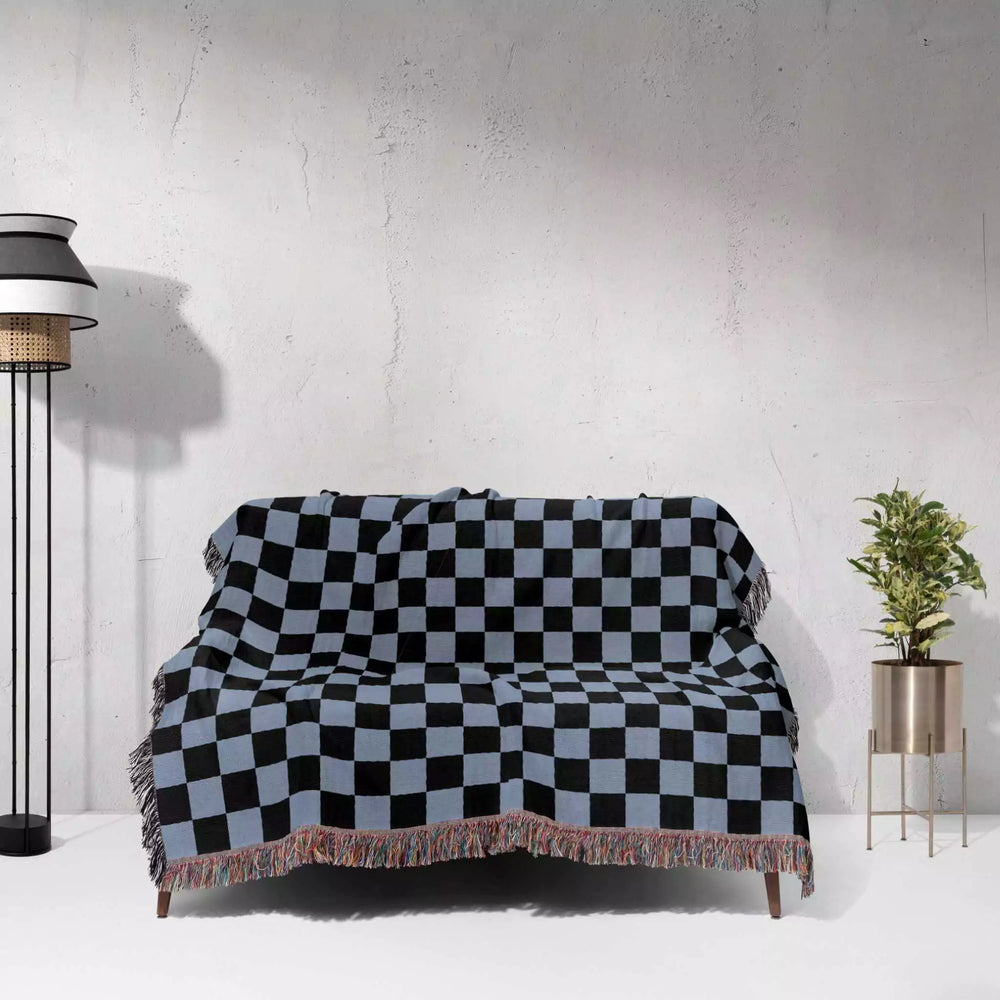 Checkered Black and Light Blue Woven Throw Blanket and Tapestry - DesignerOllie.com