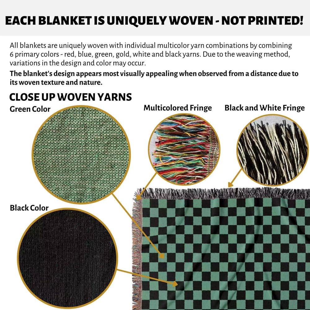 Checkered Black and Light Green Woven Throw Blanket and Tapestry - DesignerOllie.com