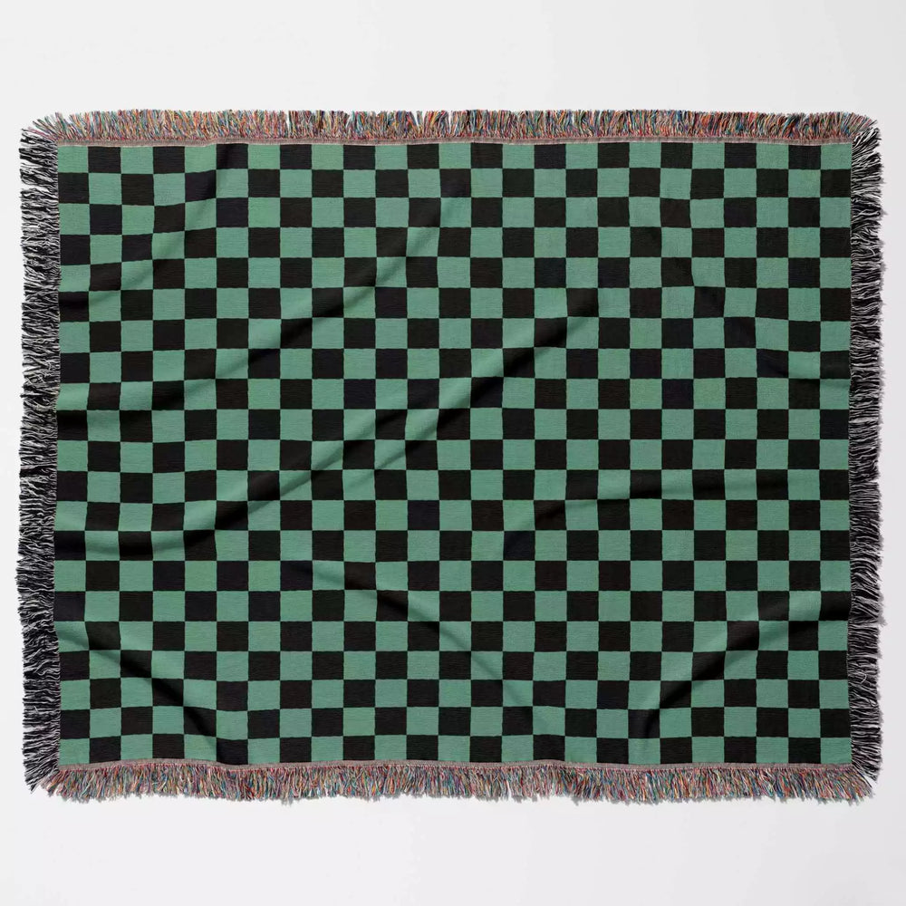 Checkered Black and Light Green Woven Throw Blanket and Tapestry - DesignerOllie.com