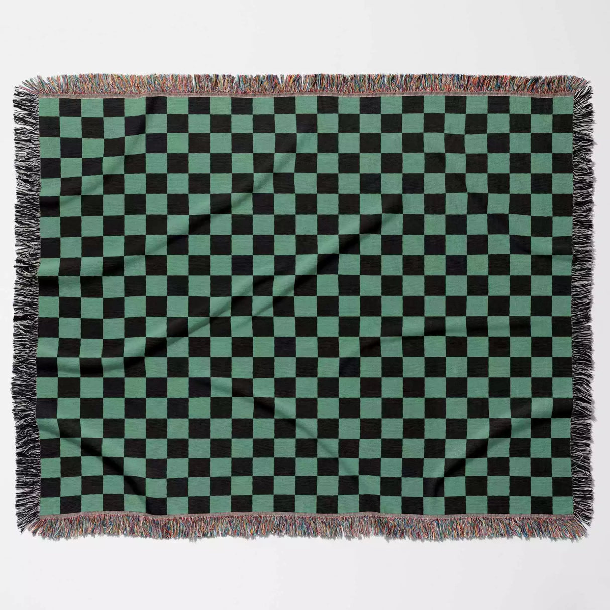 Checkered Black and Light Green Woven Throw Blanket and Tapestry - DesignerOllie.com