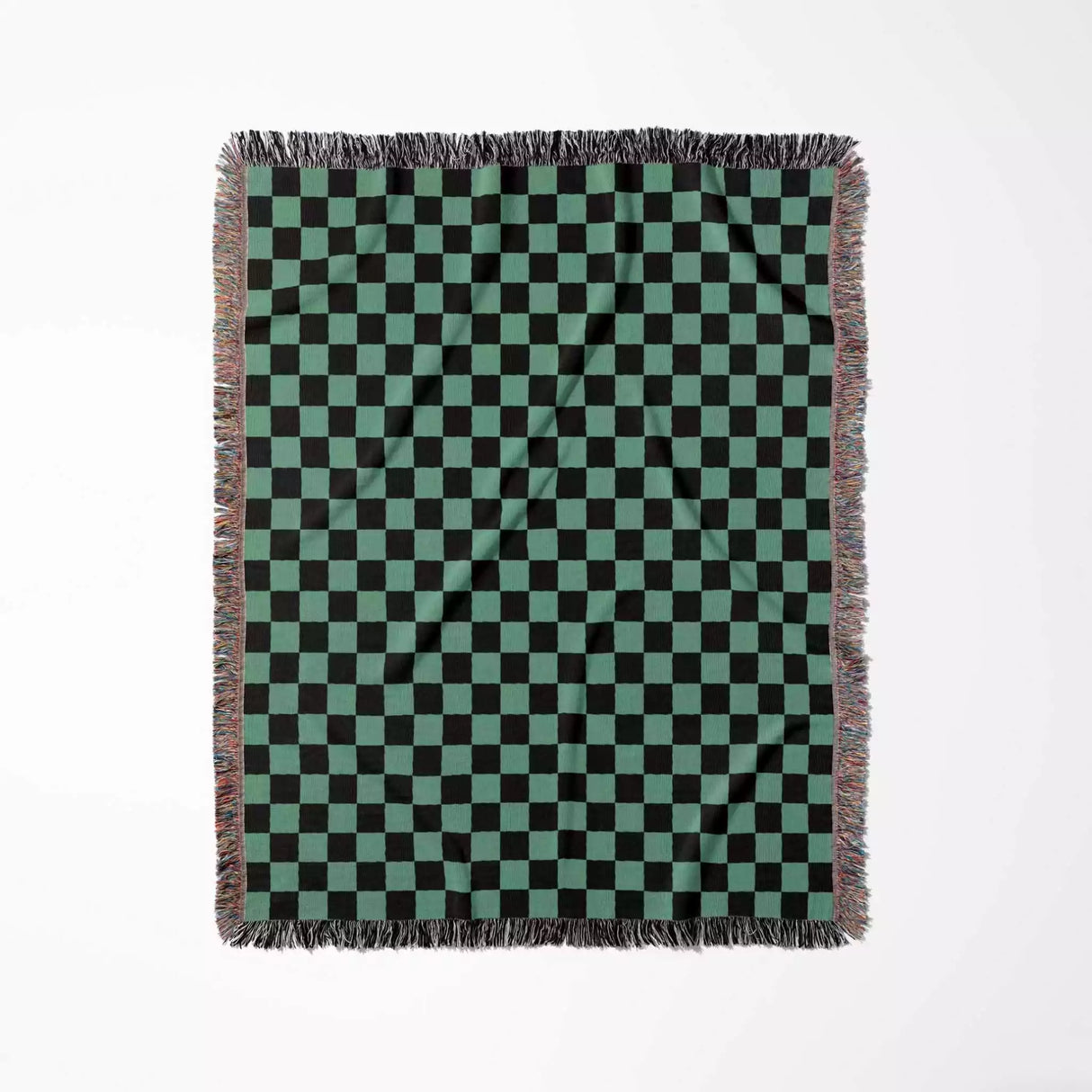 Checkered Black and Light Green Woven Throw Blanket and Tapestry - DesignerOllie.com